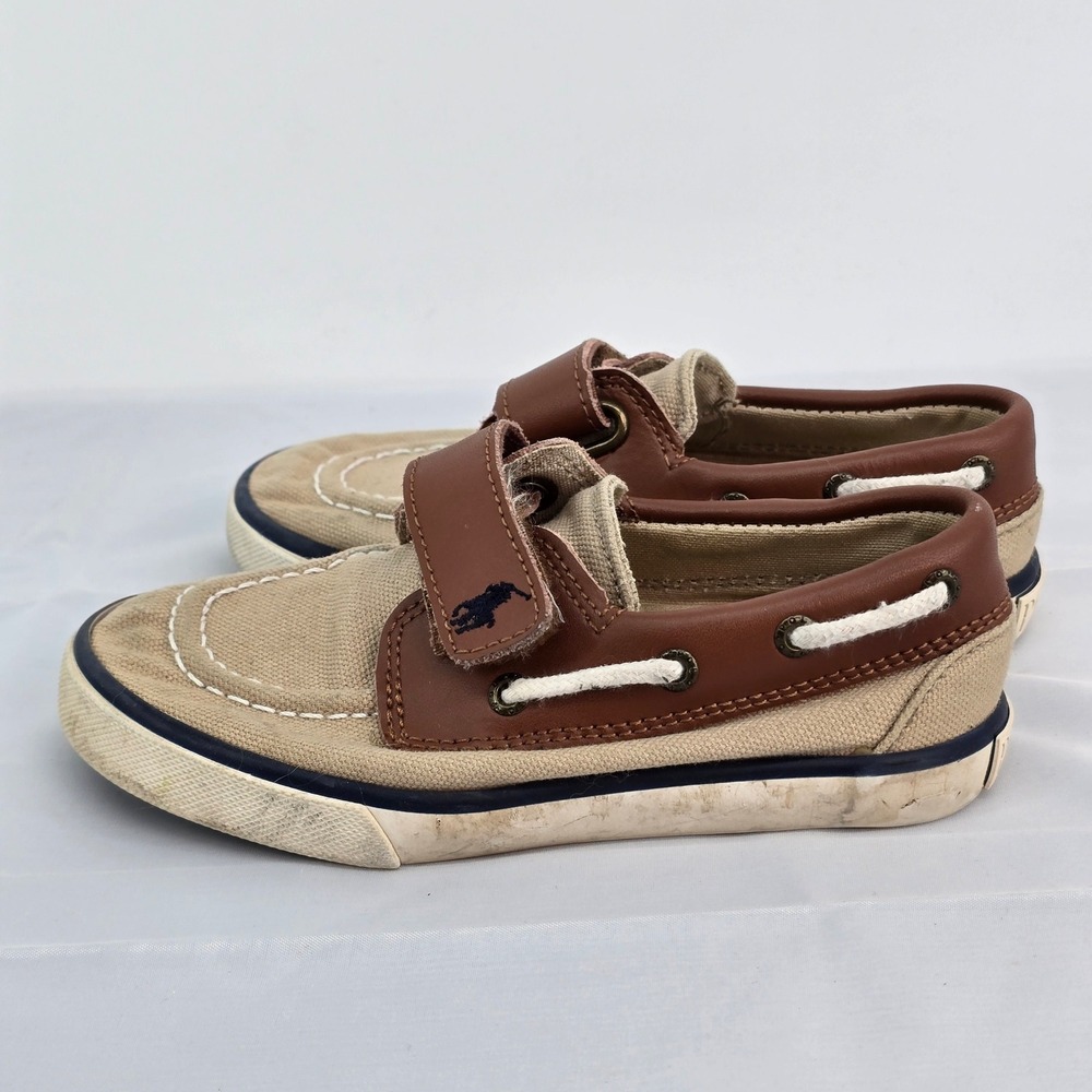 Polo Ralph Lauren Lander EZ Toddler Boat Shoes Tan Canvas Brown Leather Size 9